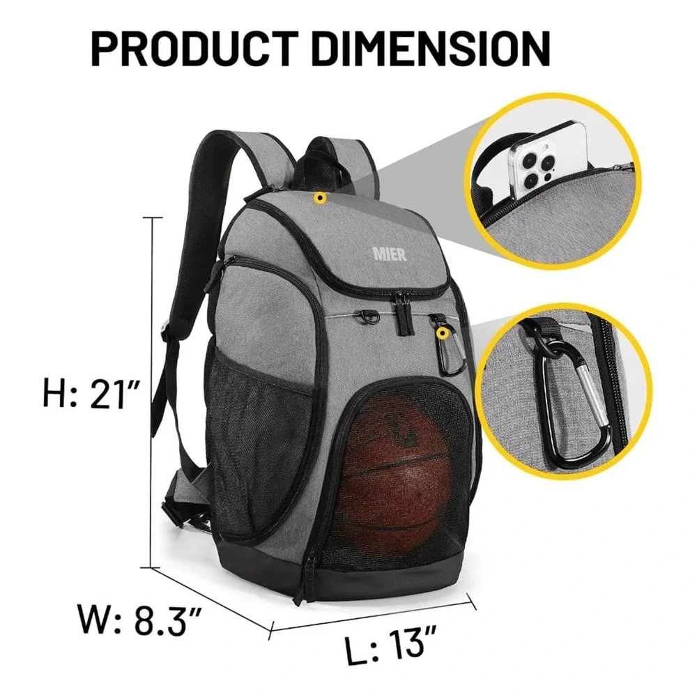 MIER Gym Backpack 40L Basketball Soccer Bag with Ball Compartment Gray Black